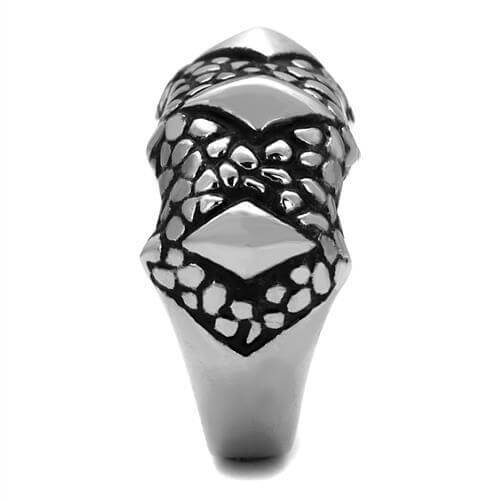 High polished stainless steel ring featuring jet epoxy detailing and unique textured design, elegant accessory for any occasion.