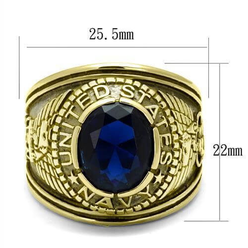 US Navy ring with blue synthetic stone, 25.5mm and 22mm dimensions, gold finish with engraved details.