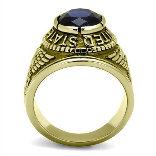 IP Gold stainless steel ring with synthetic Montana glass stone, featuring intricate design and polished finish.