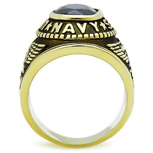 IP Gold stainless steel ring with synthetic glass, featuring a black center stone and intricate detailing.