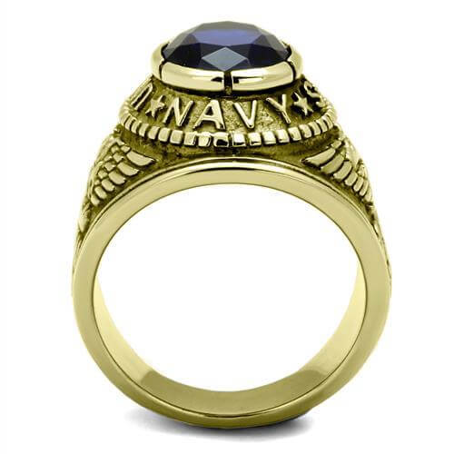 Gold stainless steel ring with synthetic glass stone, featuring Navy lettering and detailed design.