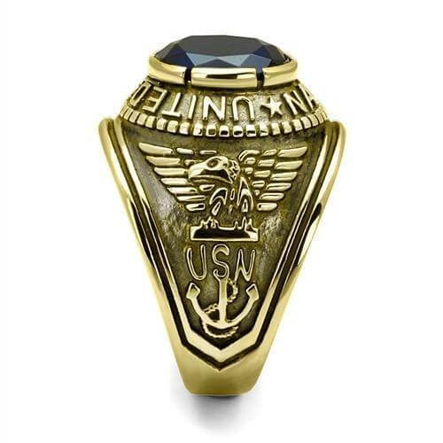 US Navy class ring featuring an eagle emblem and blue glass stone, symbolizing military honor and service.