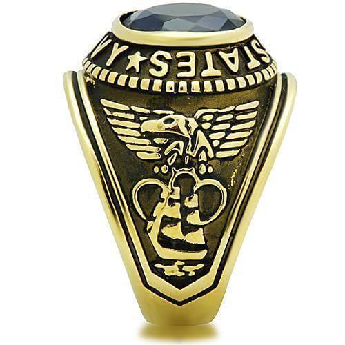 IP Gold stainless steel ring with synthetic glass, featuring military design and sharp detailing.