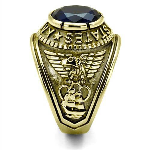 Gold stainless steel ring featuring a black synthetic glass stone and detailed engraving, ideal for stylish jewelry collections.