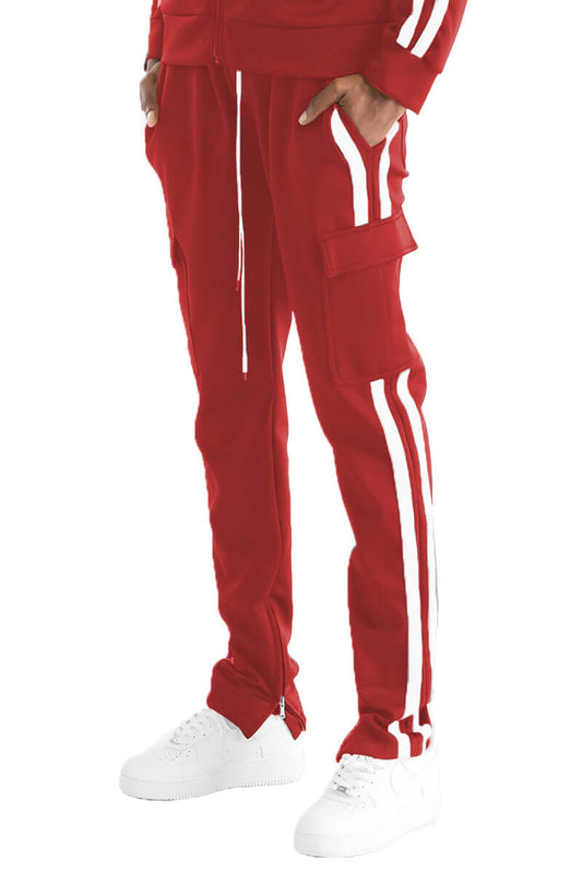 Red Two Stripe Cargo Track Pant with velcro and ankle zippers, designed for a slim fit and featuring standard pockets.