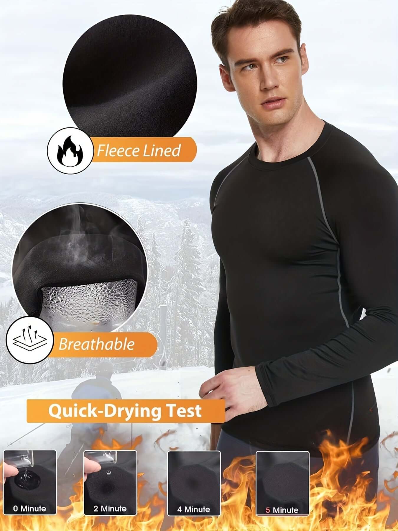 Men in fleece lined black thermal compression shirt. Quick-drying and breathable features highlighted.