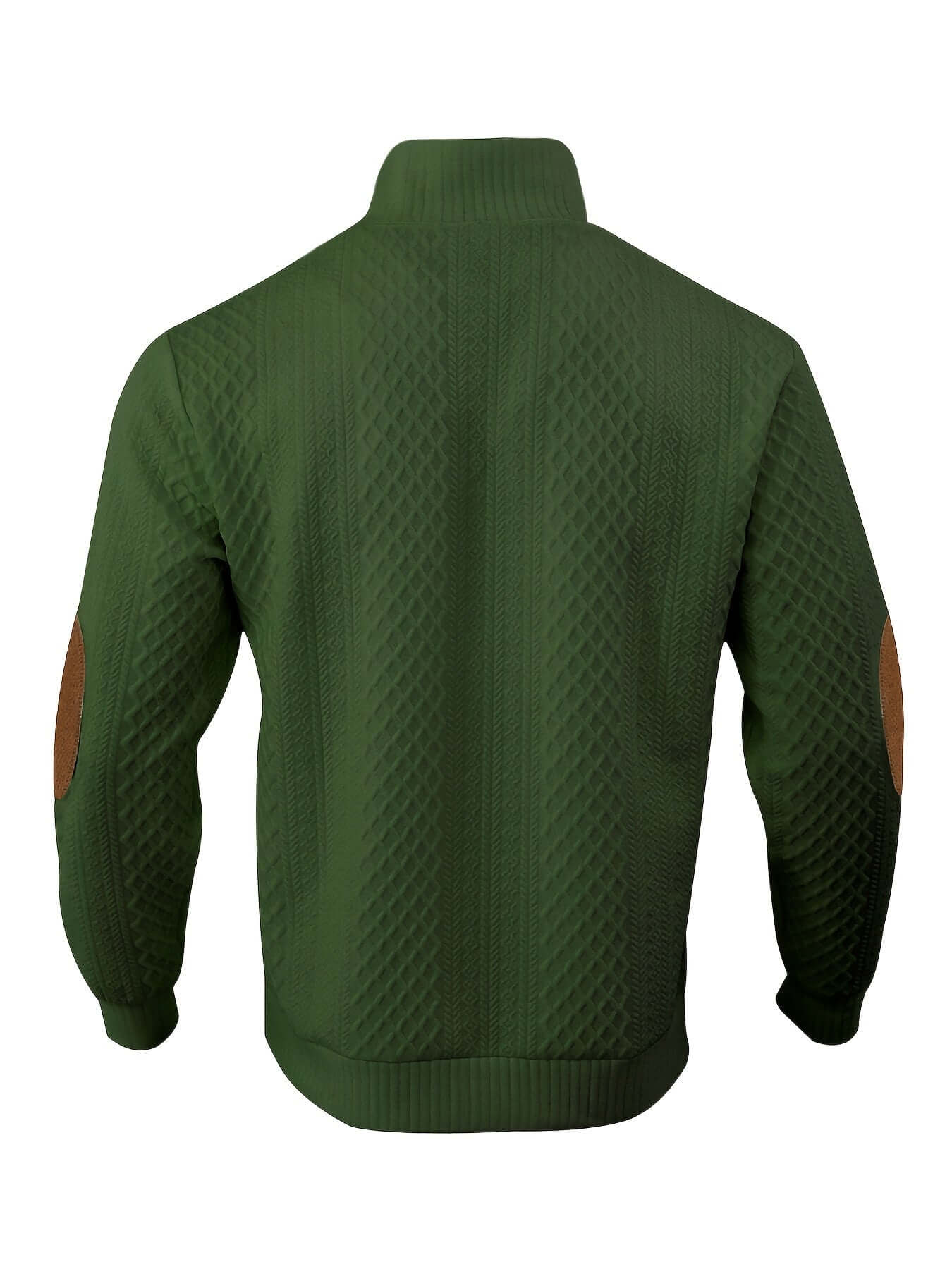 Back view of a green knitted jacket with diamond pattern and contrasting brown elbow patches.