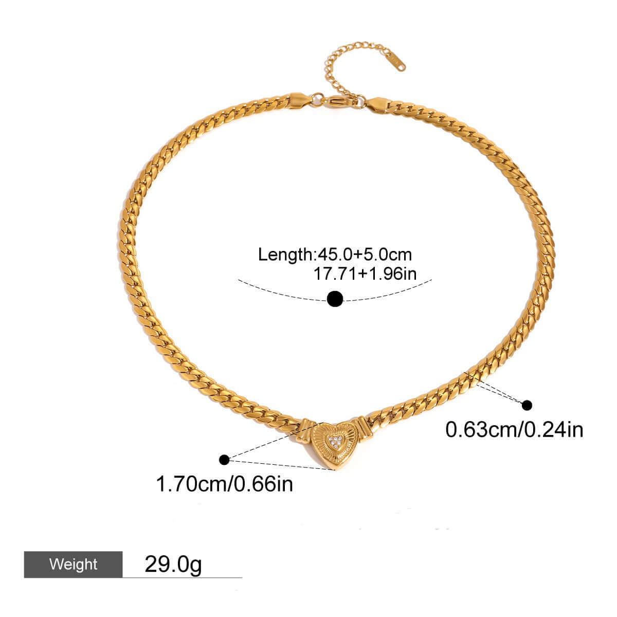 18K gold-plated heart-shaped diamond necklace with elegant design, 29g, length 45cm adjustable.