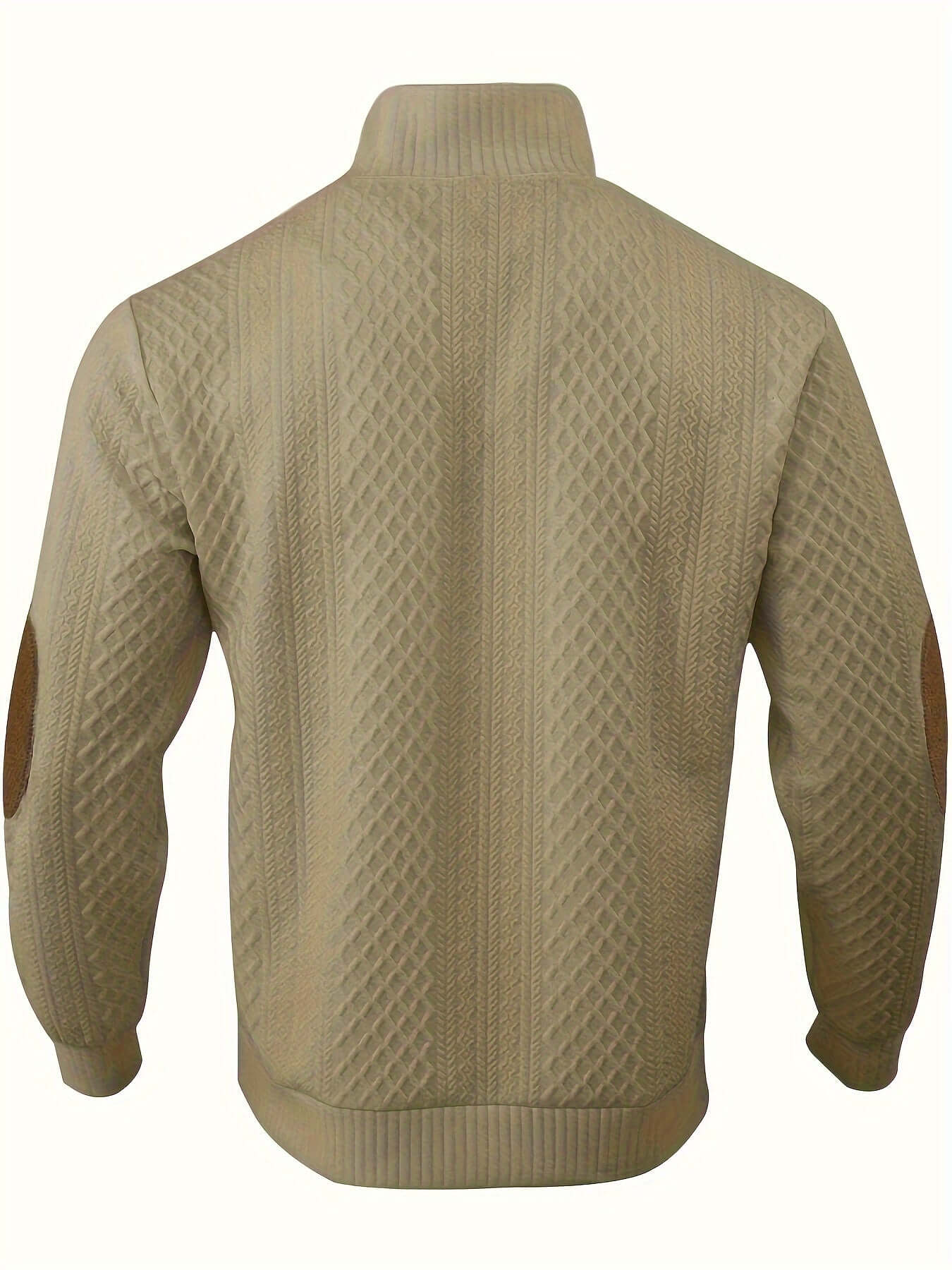 Back view of a stylish men's knitted shirt in beige with a textured pattern and elbow patches, perfect for spring and fall.