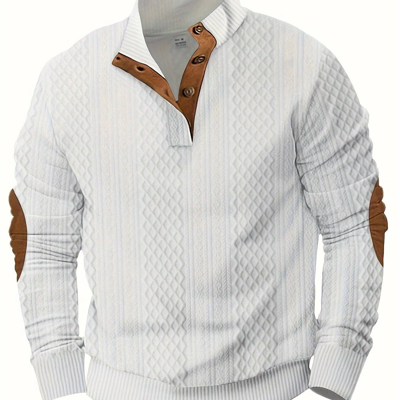 Stylish white knitted shirt with brown leather accents, perfect for casual spring and fall outfits.