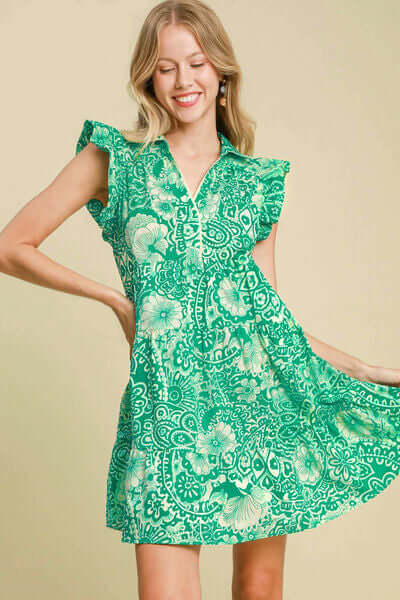 Umgee green printed babydoll dress with ruffle cap sleeves, perfect for casual warm weather outings.