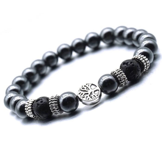 Black Tree of Life lava stone bracelet with silver accents, perfect for infusing essential oils.