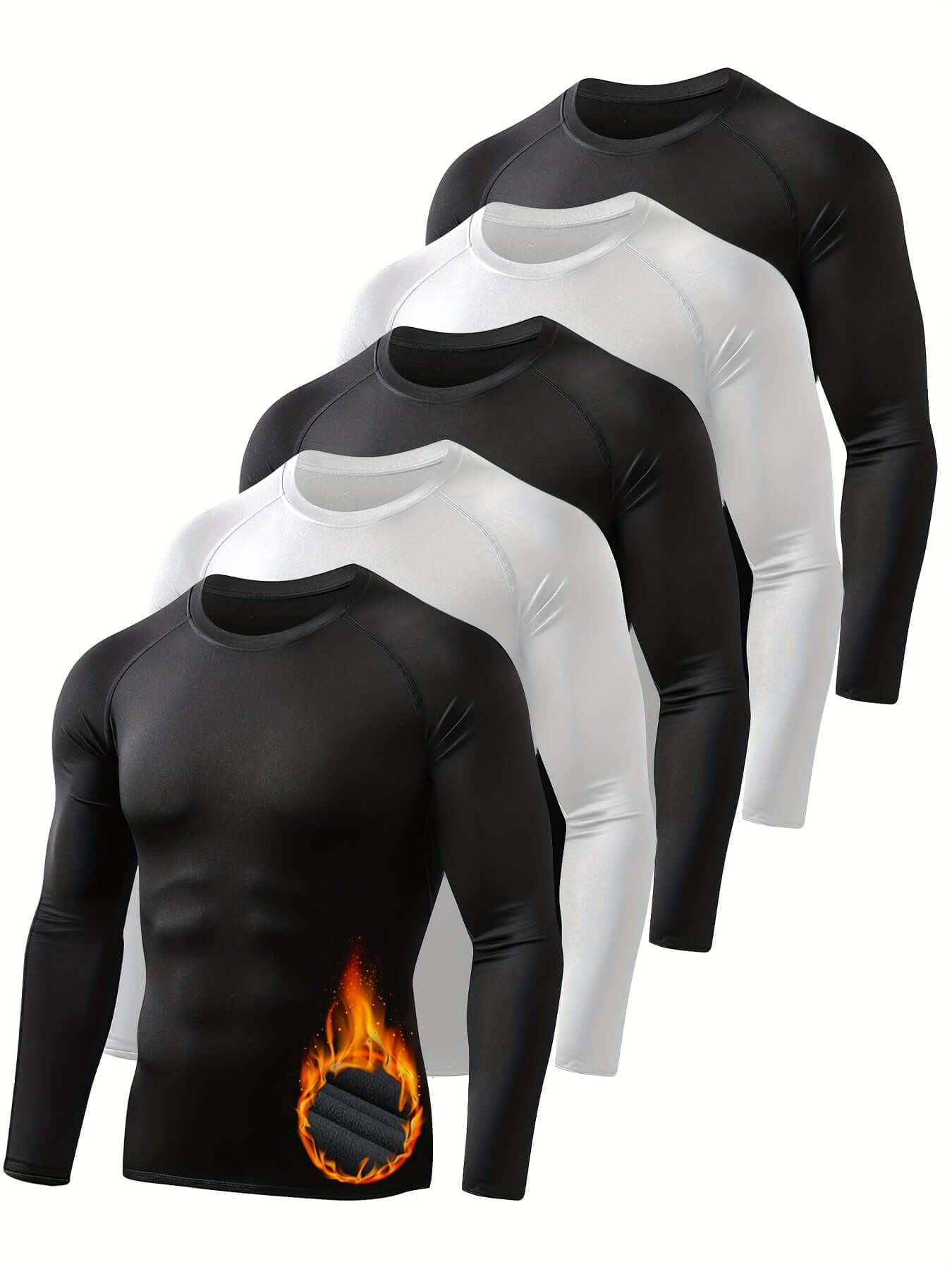 5 pack of men's thermal compression shirts, black and white, long sleeve, athletic wear for all seasons.