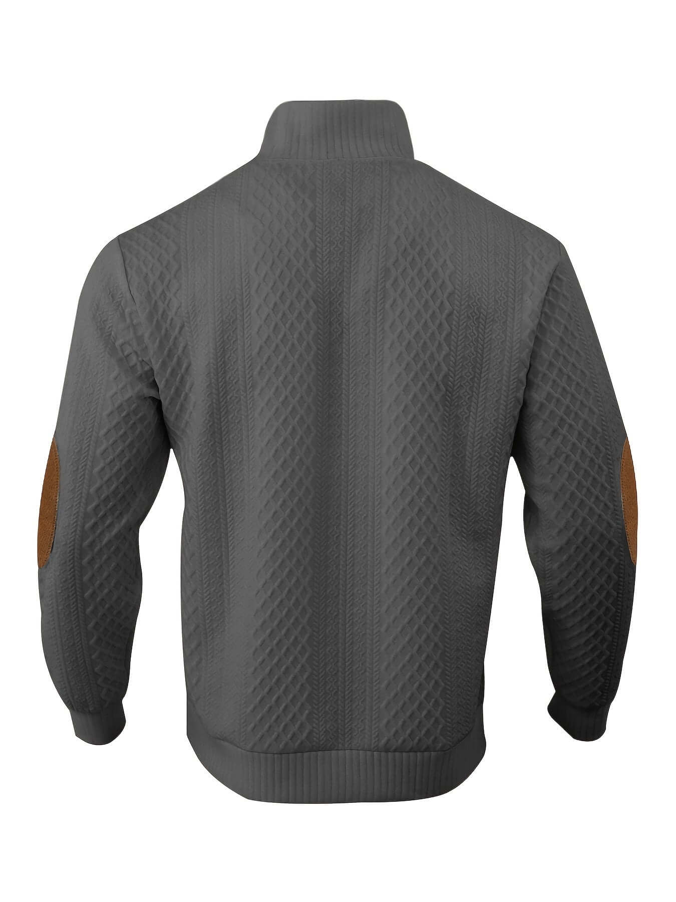 Back view of a stylish gray quilted jacket with brown elbow patches, ideal for casual wear and layering in cool weather.