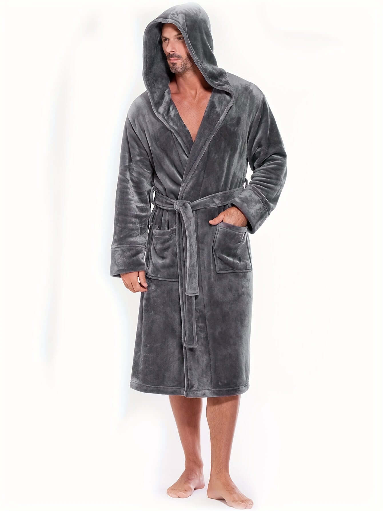 Men's cozy hooded robe in soft gray fleece, perfect for warm and comfy lounge wear at home.