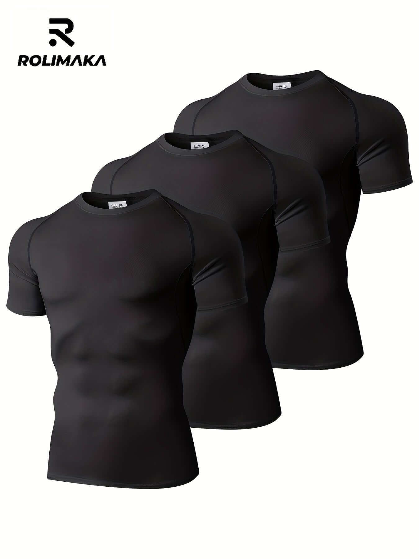 Men's compression workout t-shirt set in black, ideal for outdoor sports and exercise.