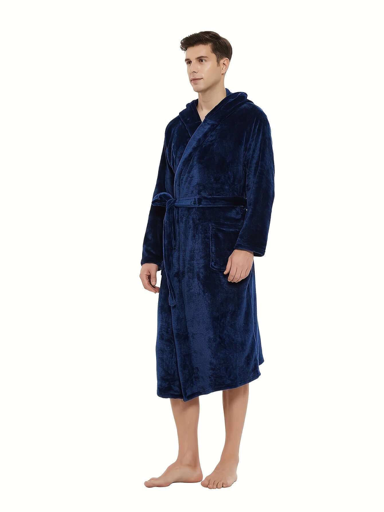 Men's trendy hooded robe in navy blue, made from soft coral fleece for ultimate comfort and warmth.