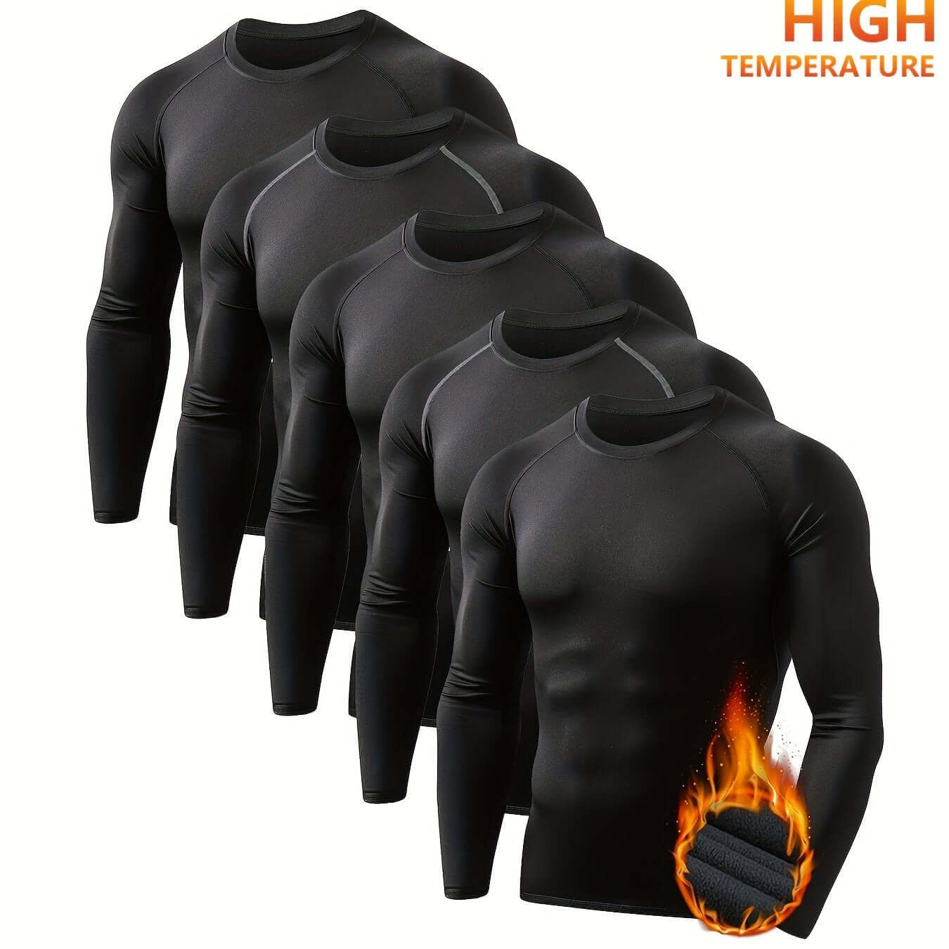 5 Pack Men's Thermal Compression Fleece Lined Long Sleeve Athletic Shirts in black, ideal for casual wear and outdoor activities.