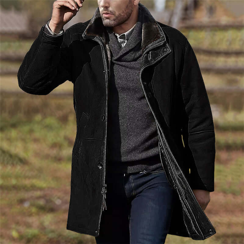 Men's mid-length loose zipper woolen coat in black, perfect for spring-summer leisure wear.