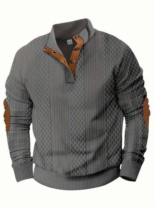 Stylish gray men's knitted shirt with brown accents, perfect for casual wear in spring and fall.