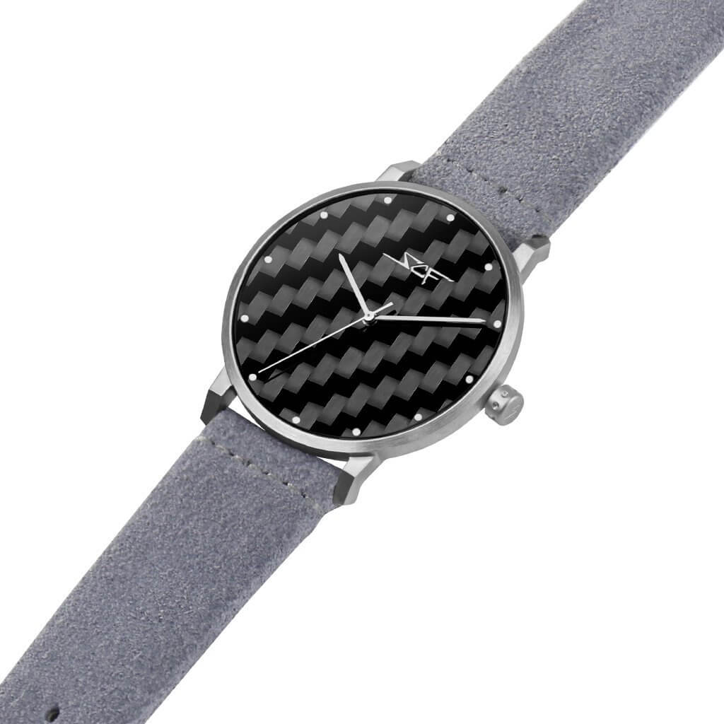 GRIGIO ALPHA Series 40mm carbon fiber watch with stainless steel case and leather strap, 50M water resistant.