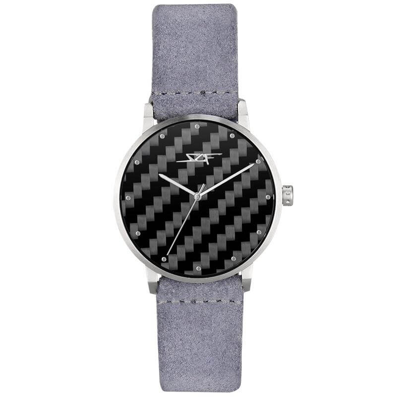 GRIGIO ALPHA Series watch with carbon fiber dial, stainless steel case, leather strap, and quartz movement.