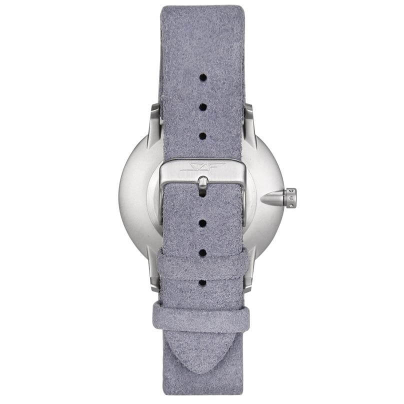 Back view of GRIGIO ALPHA Series watch showing real carbon fiber dial and genuine leather strap.