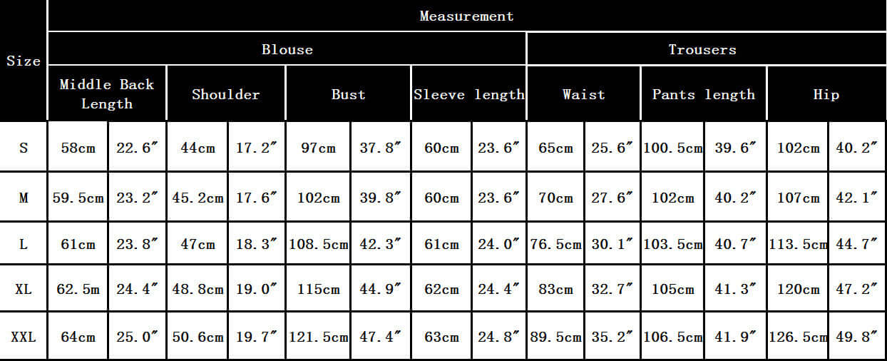 Size chart for women's clothing including measurements for blouse and trousers in various sizes.