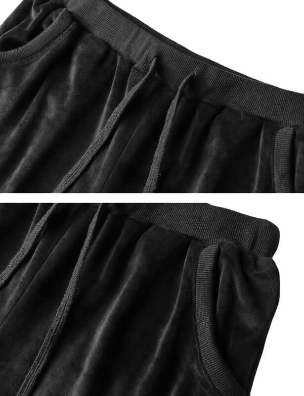 Close-up of black knit fabric waistband and drawstrings on women's cozy knit two-piece set.