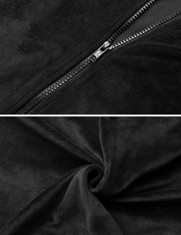 Close-up of a black cozy knit fabric and zipper detailing, showcasing soft texture and high elasticity for women's leisurewear.