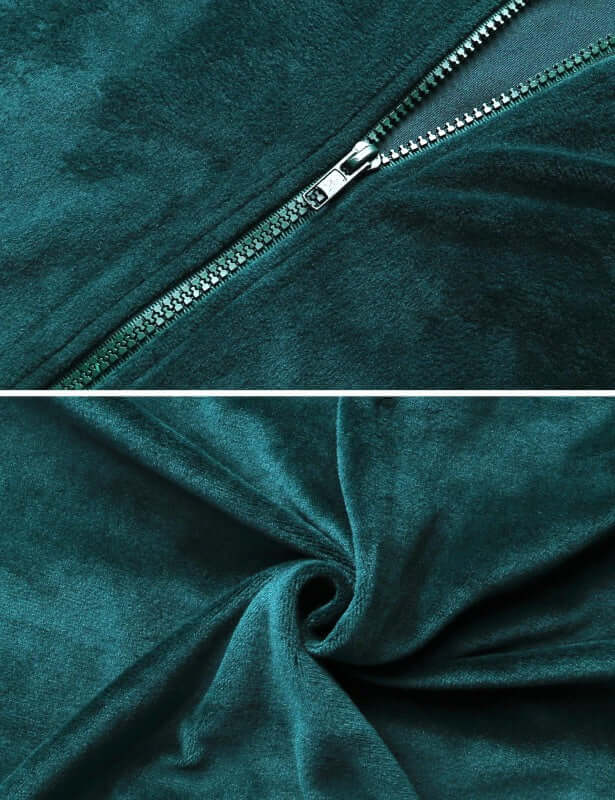 Close-up of soft green fabric and zipper detail of a cozy women's knit two-piece set.