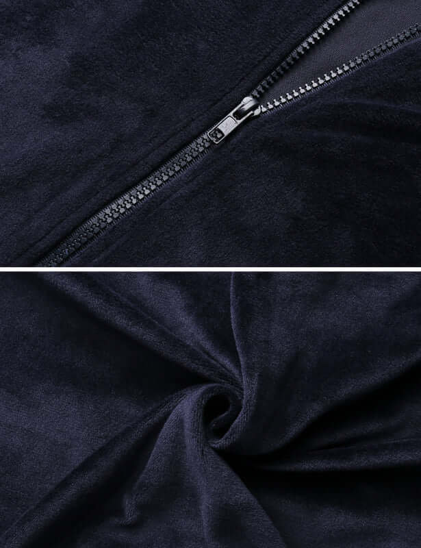 Close-up of navy blue cozy knit fabric with zipper detail and soft texture, perfect for autumn-winter wear.