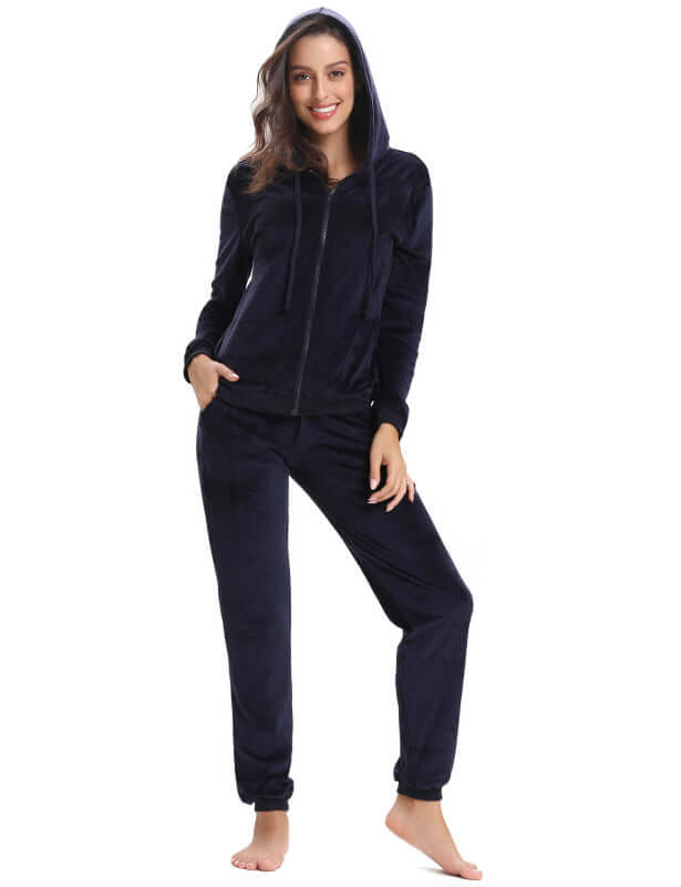 Women's cozy knit two-piece leisure set in navy, featuring a hood and long sleeves, perfect for autumn-winter.