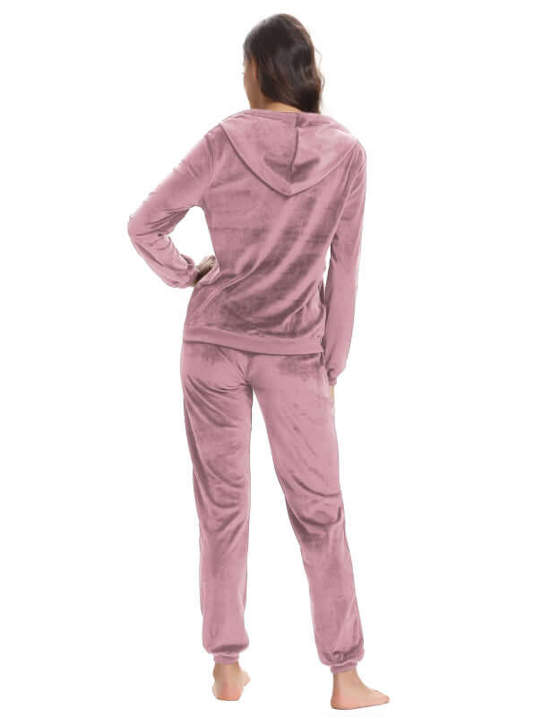 Back view of a woman wearing a Women's Cozy Knit Two-Piece Set in soft pink, perfect for leisure in autumn-winter.