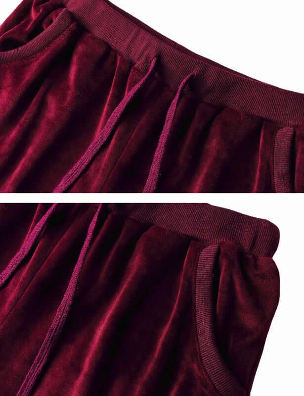 Close-up of a burgundy knit two-piece set showing waist and drawstring details for women's clothing.