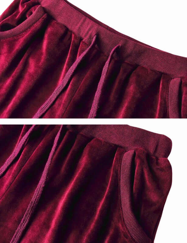 Close-up view of a burgundy velvet waistband and drawstring of leisure pants.