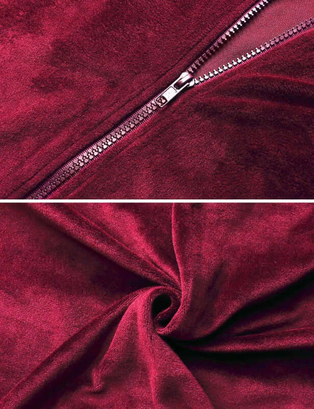 Close-up of a burgundy fabric showing zipper and soft texture, highlighting high-quality material of women's knit set.