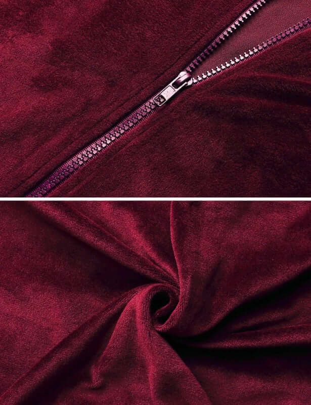 Close-up of burgundy plush fabric with zipper detail and soft texture, showcasing the luxury of cozy knit material.