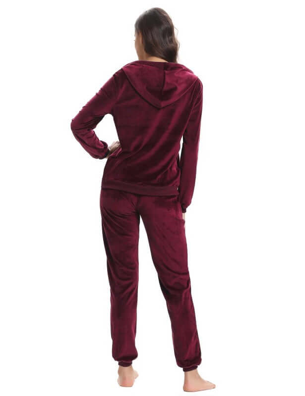 Back view of a women's cozy knit two-piece set in burgundy, perfect for autumn and winter leisure wear.