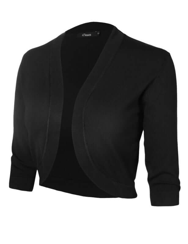 Women's 3/4 sleeve cropped cardigan in black, made from breathable cotton and perfect for layering in all seasons.