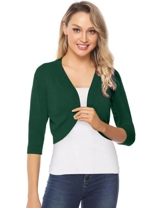 Women's 3/4 sleeve cropped cardigan in green. Perfect for layering in all seasons.