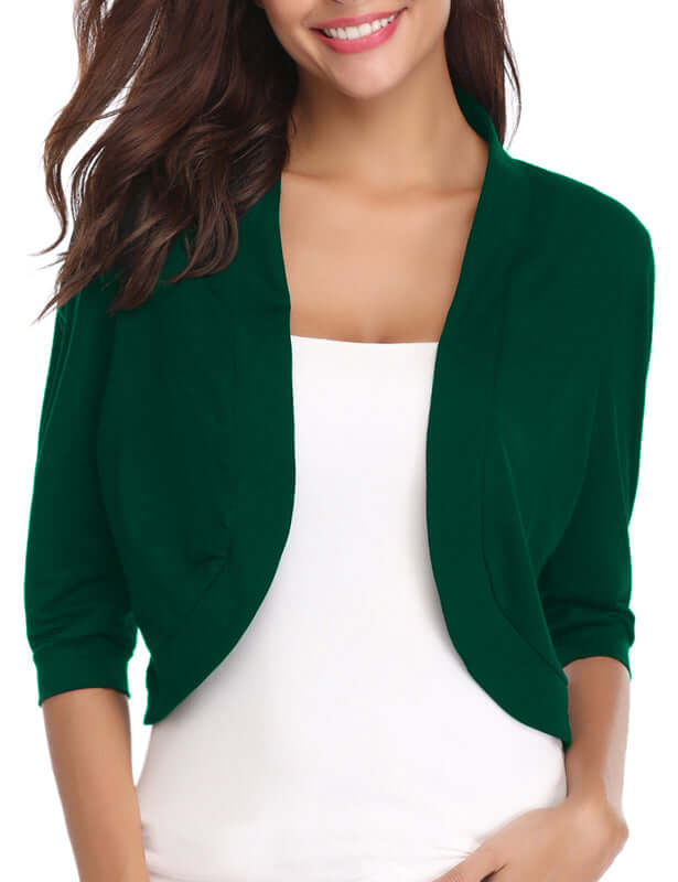 Women's 3/4 sleeve cropped cardigan in green, made from cotton and acrylic, perfect for layering.