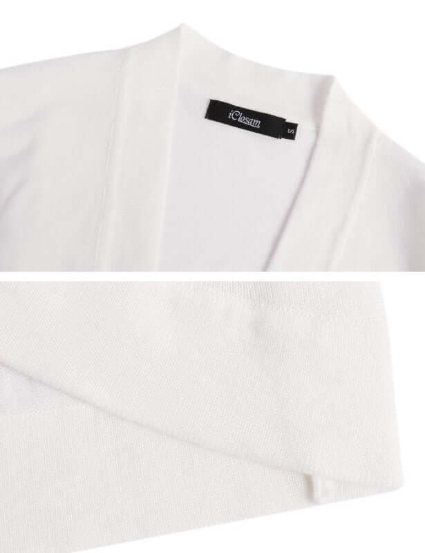 Close-up of a white 3/4 sleeve cropped cardigan showcasing its soft fabric and open-front design.