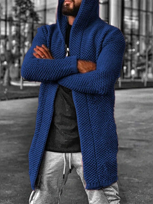 Men's hooded long sleeve knitted cardigan in blue with dropped shoulders, perfect for spring and summer styling.