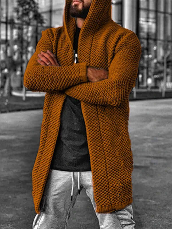 Men's hooded long sleeve knitted cardigan in burnt orange, perfect for spring-summer casual wear.