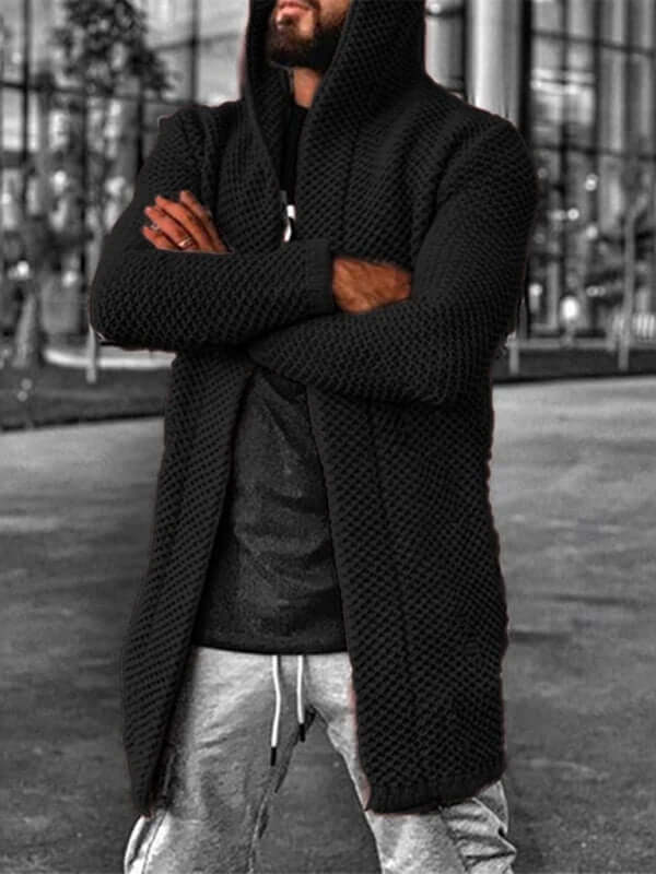 Men's hooded knitted cardigan, long sleeve, black color, featuring a casual style and dropped shoulder design.