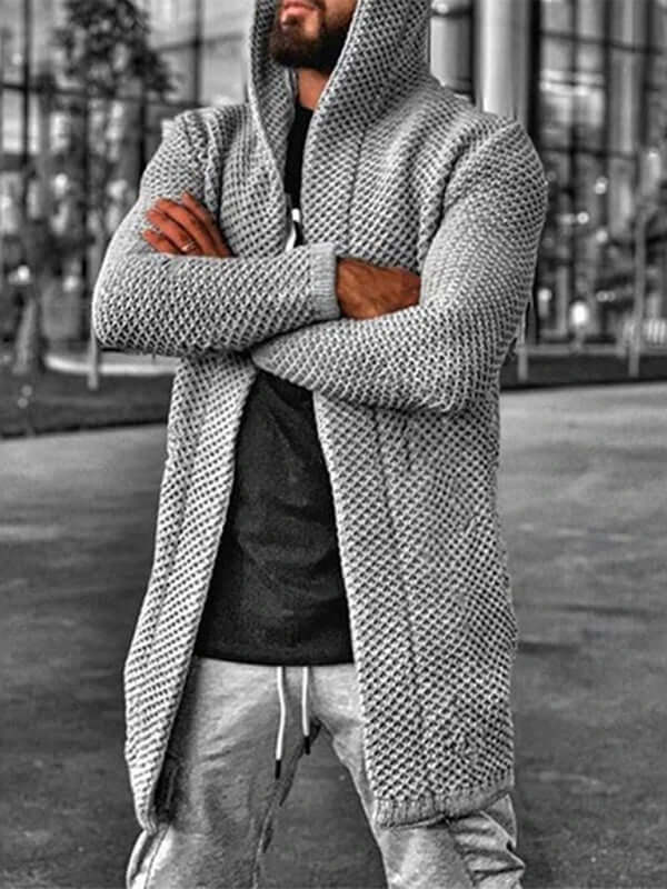 Men's hooded long sleeve knitted sweater cardigan in grey, perfect for spring and summer casual wear.