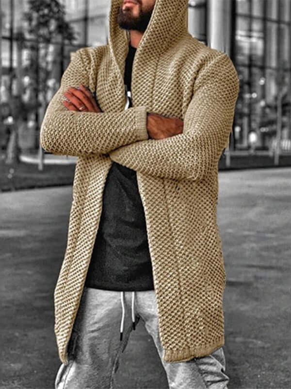 Men's hooded long sleeve knitted cardigan in beige, perfect for spring-summer casual style.