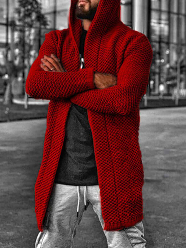 Red men's hooded long sleeve knitted cardigan, perfect for spring-summer leisure wear with slight elasticity.