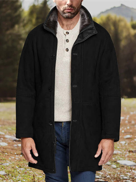 Men's mid-length loose zipper woolen coat in black, styled for spring-summer, featuring slant pockets and a soft lining.